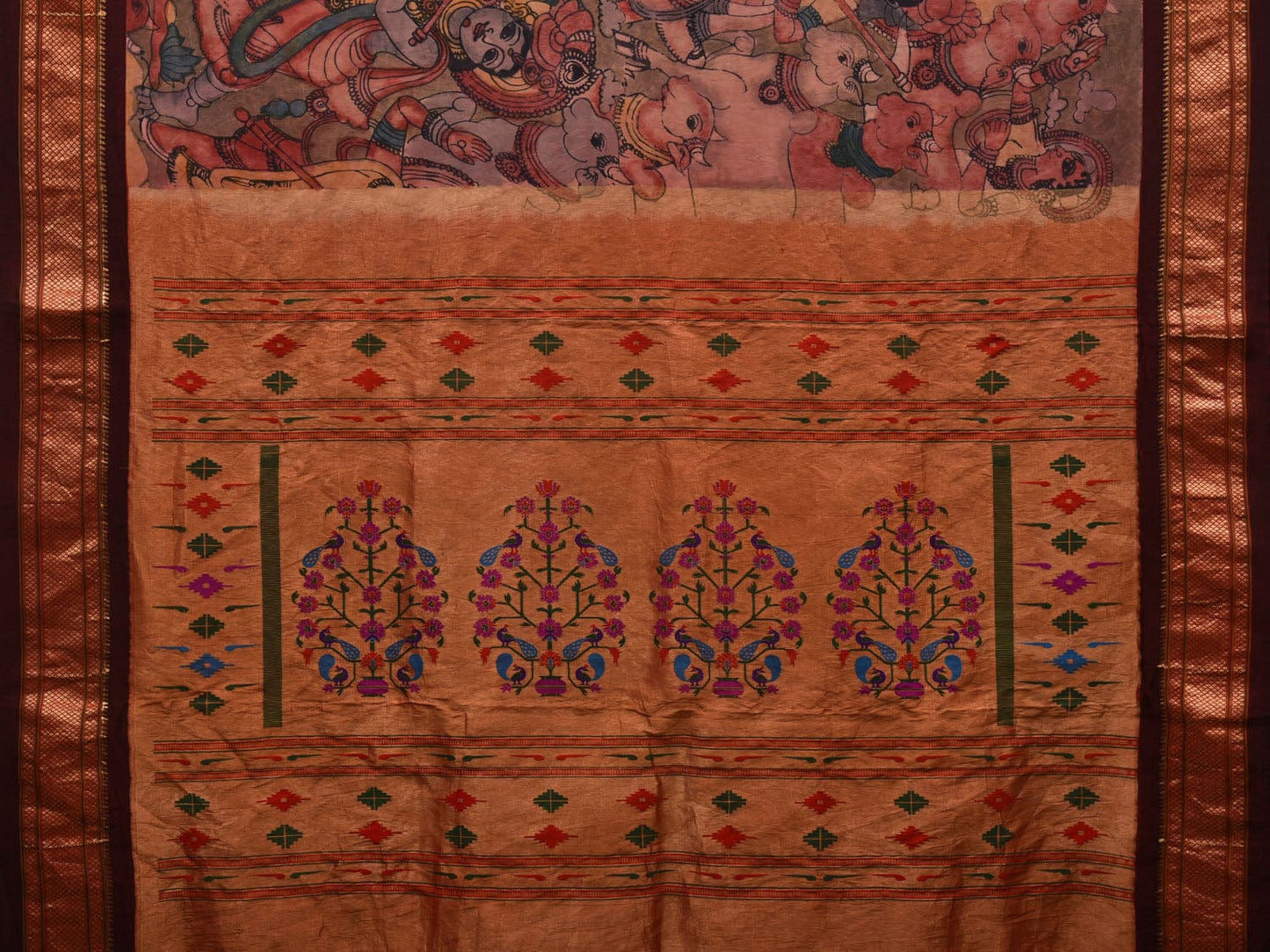 Multicolor Kalamkari Hand Painted Paithani Silk Handloom Saree with Krishna and Cows Design KL0614