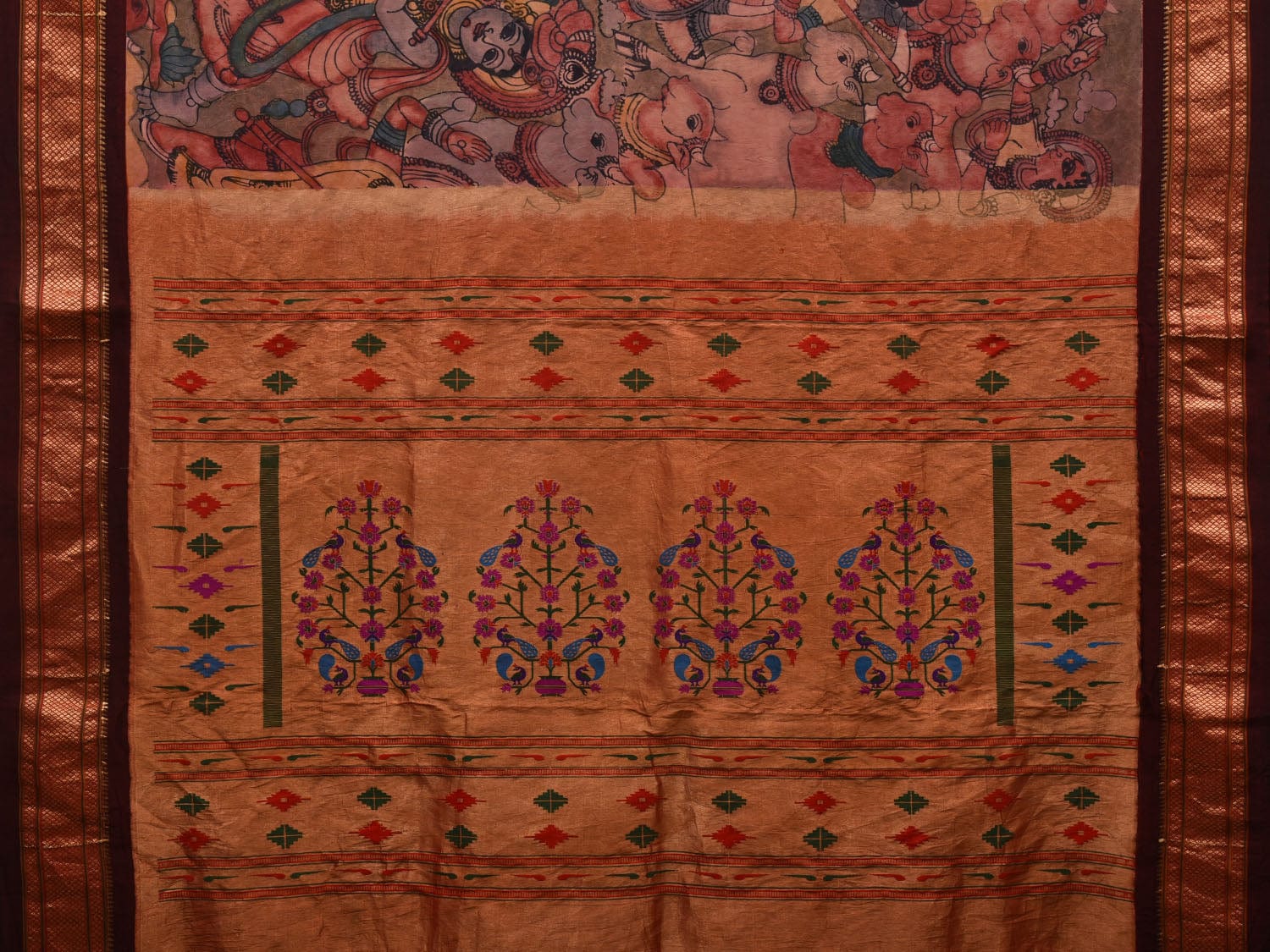 Multicolor Kalamkari Hand Painted Paithani Silk Handloom Saree with Krishna and Cows Design KL0614