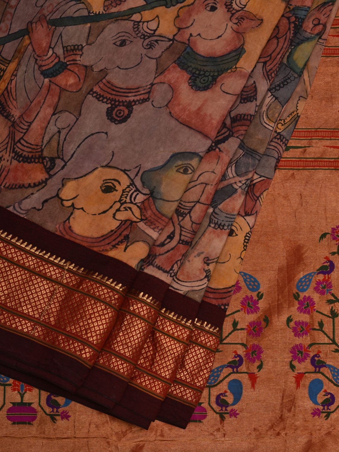 Multicolor Kalamkari Hand Painted Paithani Silk Handloom Saree with Krishna and Cows Design KL0614