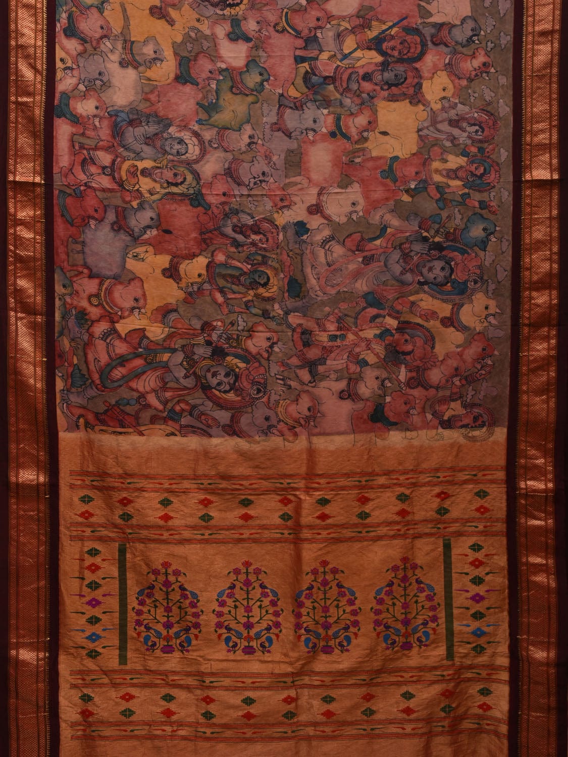Multicolor Kalamkari Hand Painted Paithani Silk Handloom Saree with Krishna and Cows Design KL0614