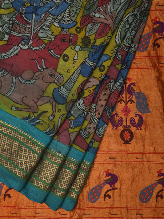 Multicolor Kalamkari Hand Painted Paithani Silk Handloom Saree with Mythological Design KL0491