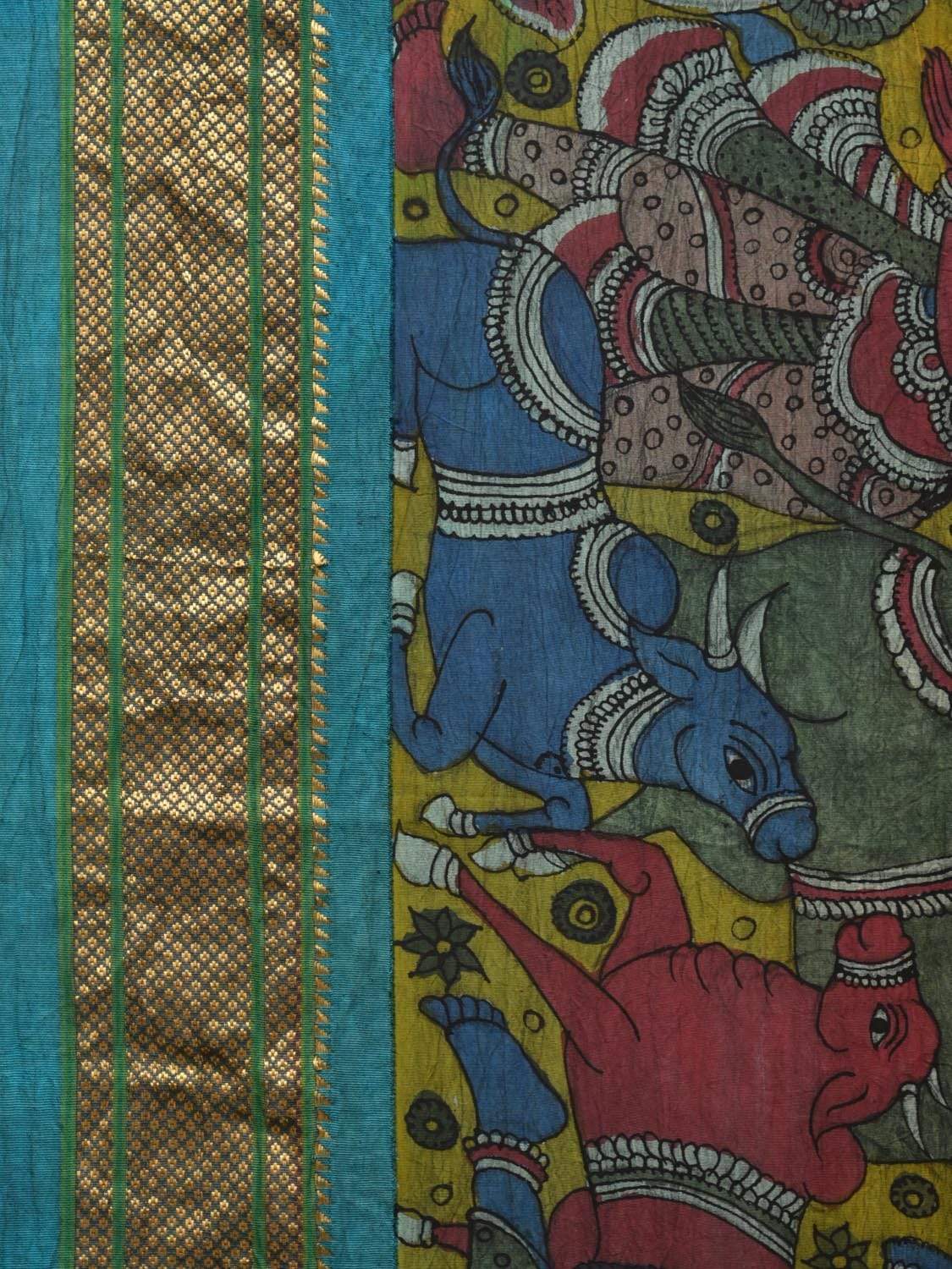 Multicolor Kalamkari Hand Painted Paithani Silk Handloom Saree with Mythological Design KL0491