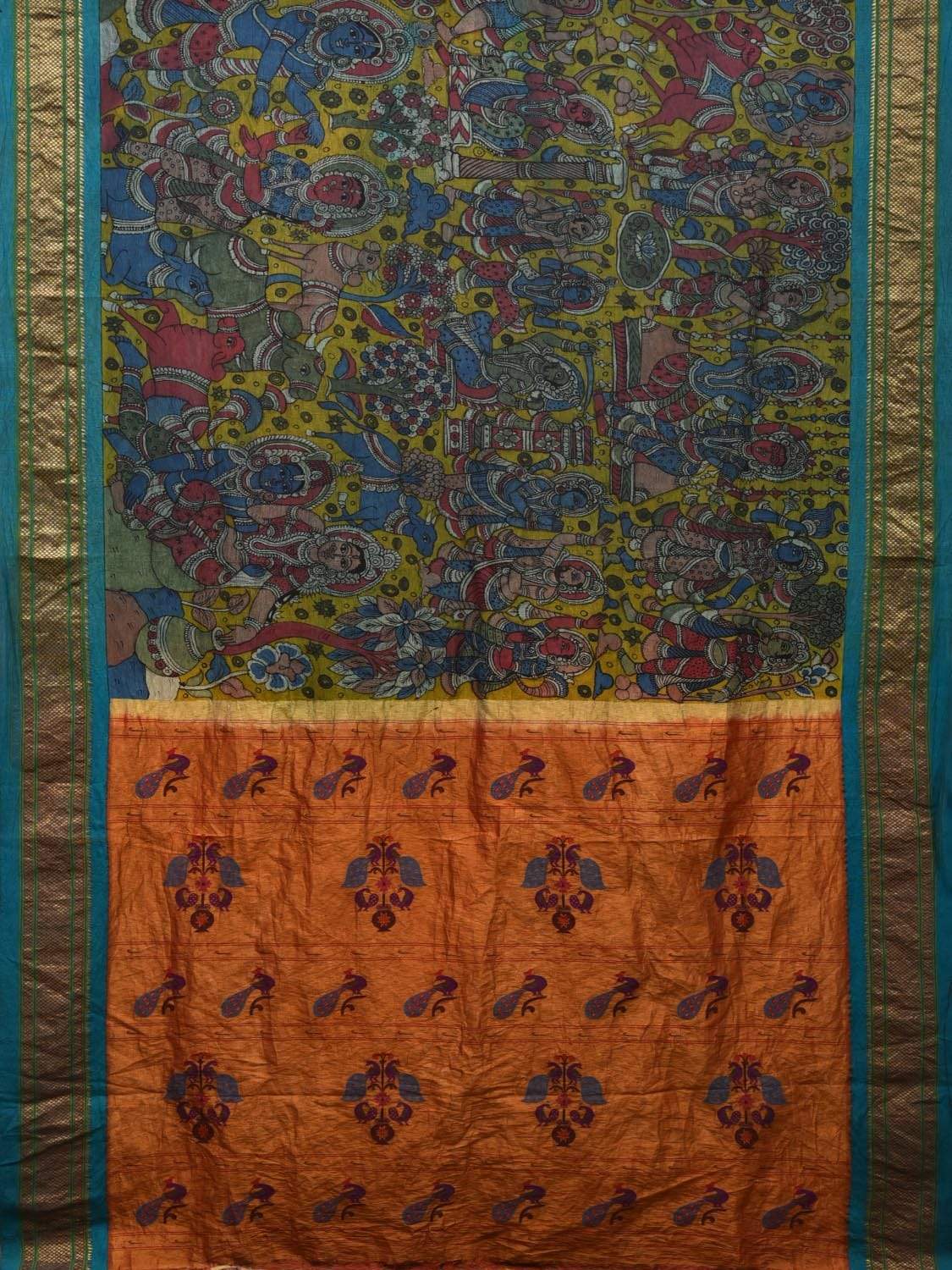 Multicolor Kalamkari Hand Painted Paithani Silk Handloom Saree with Mythological Design KL0491