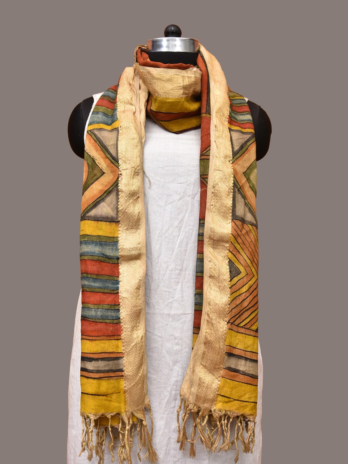 Multicolor Kalamkari Hand Painted Sico Dupatta with Geometrical Design ds3251