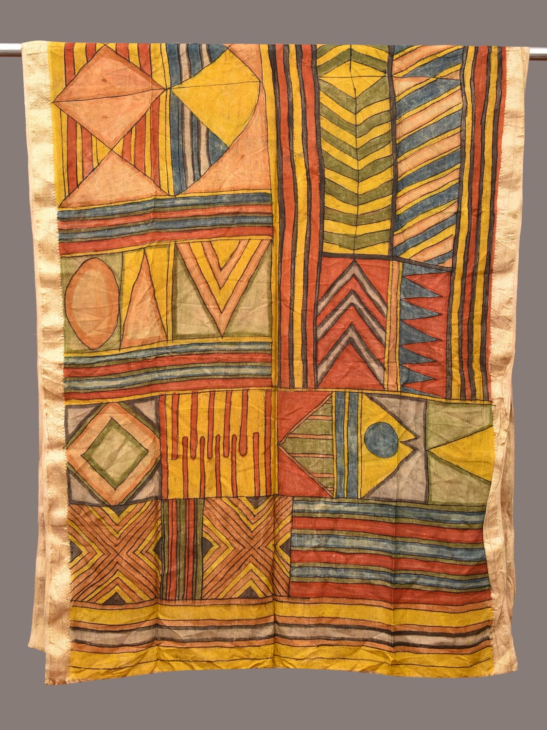 Multicolor Kalamkari Hand Painted Sico Dupatta with Geometrical Design ds3251