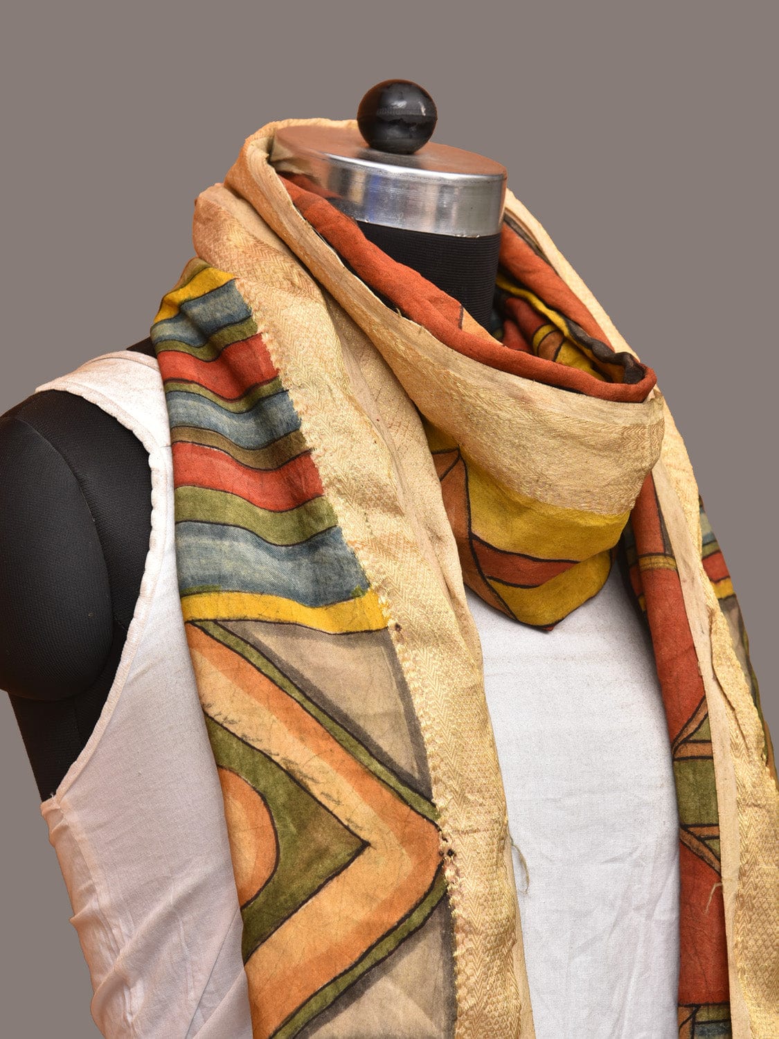 Multicolor Kalamkari Hand Painted Sico Dupatta with Geometrical Design ds3251