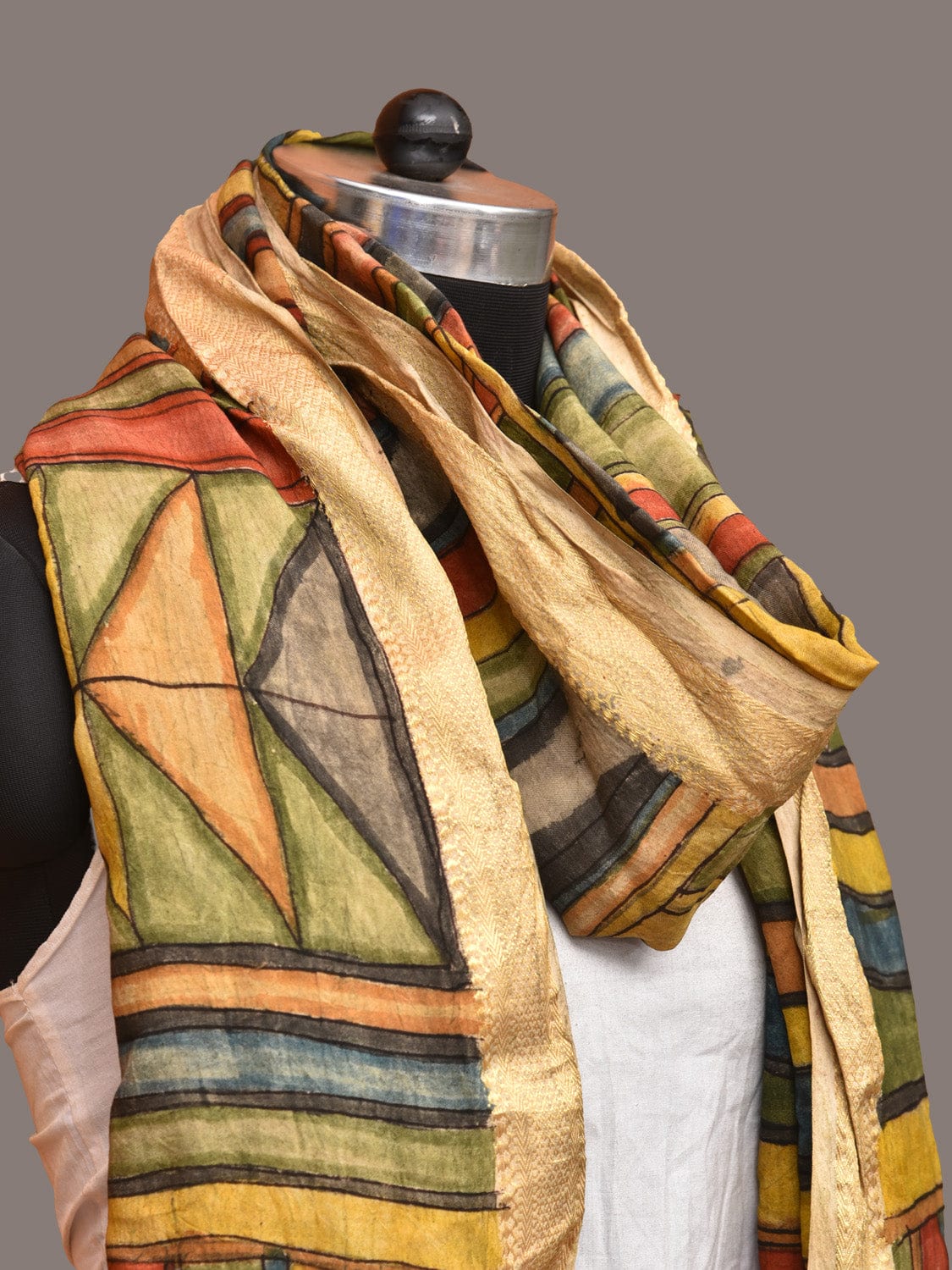 Multicolor Kalamkari Hand Painted Sico Dupatta with Geometrical Design ds3253