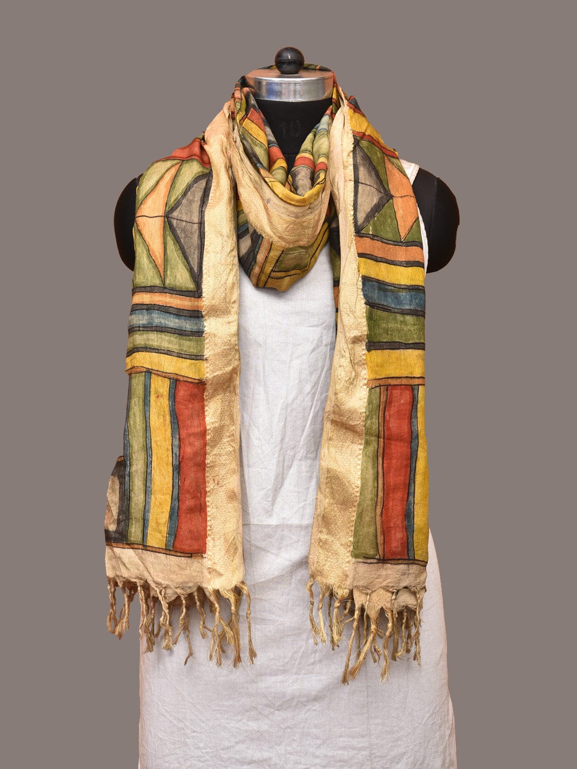 Multicolor Kalamkari Hand Painted Sico Dupatta with Geometrical Design ds3253