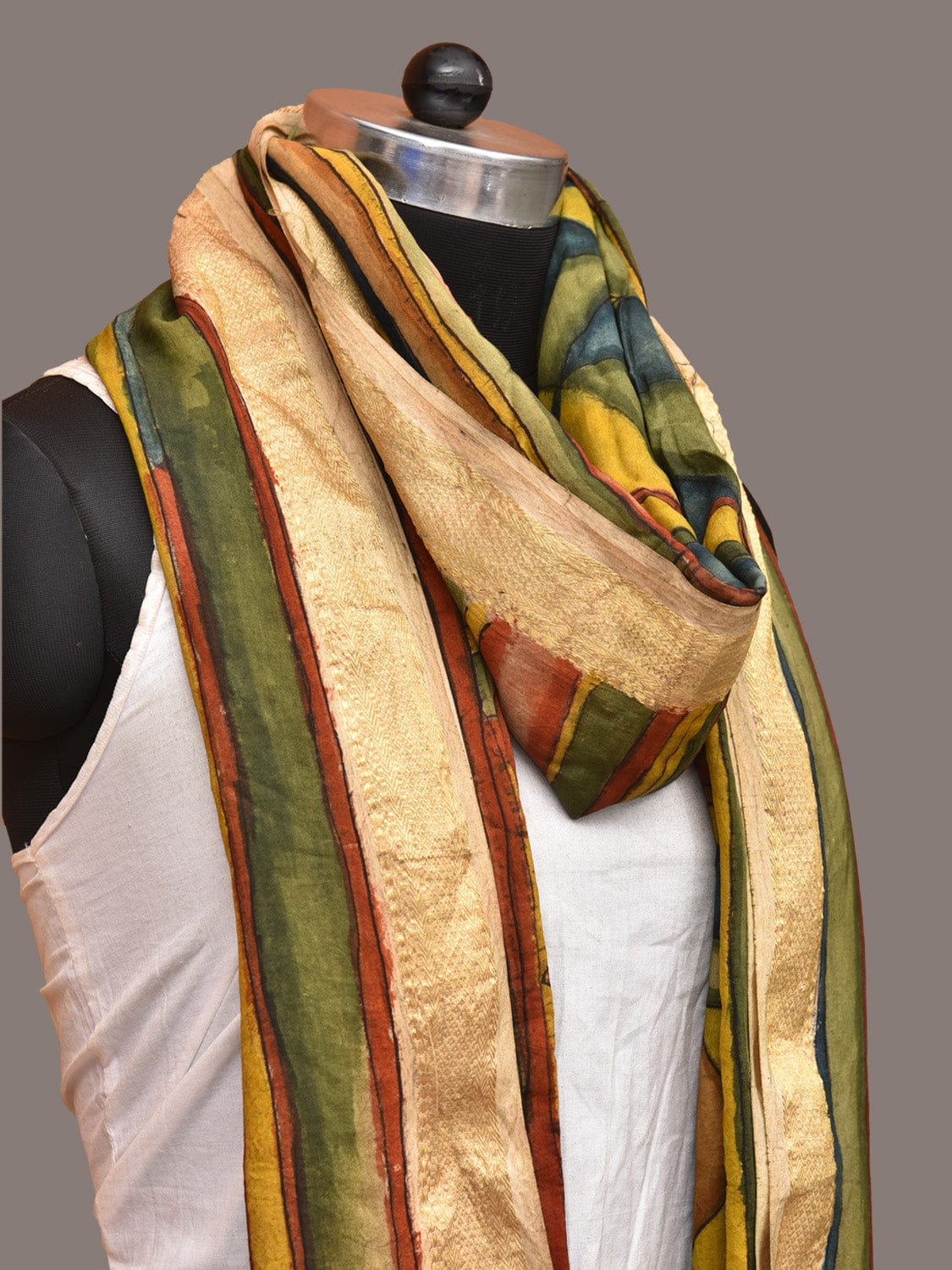 Multicolor Kalamkari Hand Painted Sico Dupatta with Geometrical Design ds3254