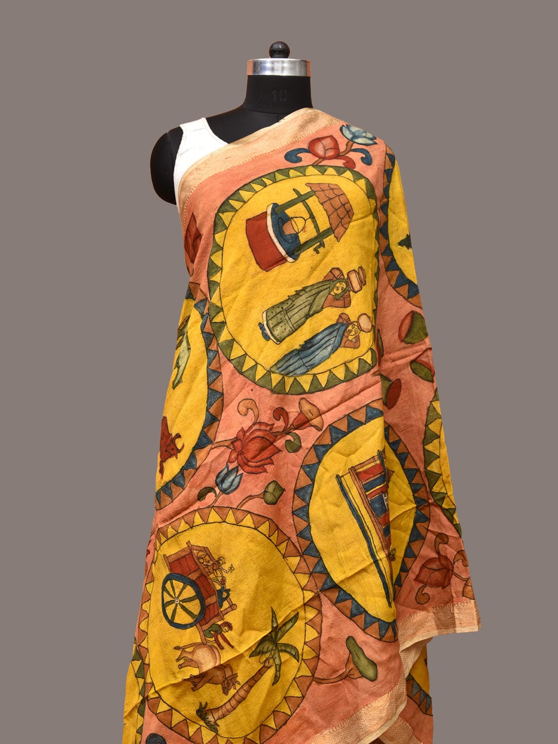 Multicolor Kalamkari Hand Painted Sico Dupatta with Village and Animals Design ds3252