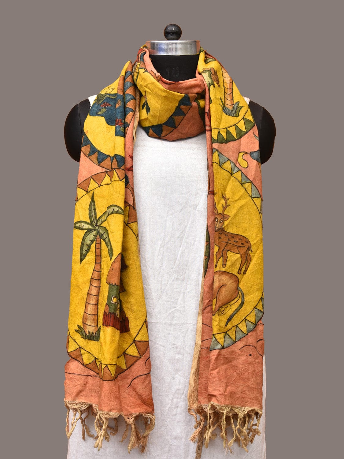 Multicolor Kalamkari Hand Painted Sico Dupatta with Village and Animals Design ds3252