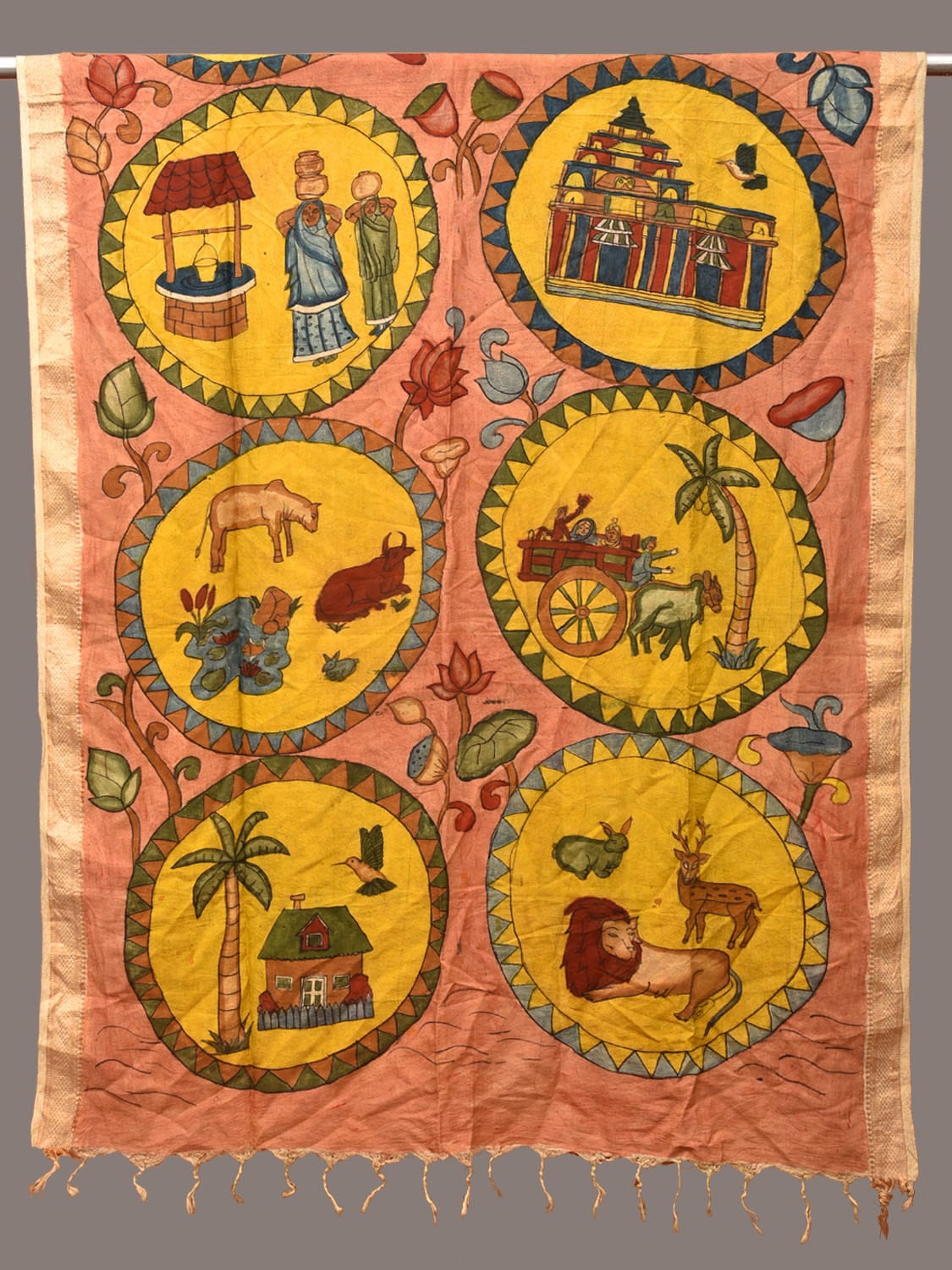 Multicolor Kalamkari Hand Painted Sico Dupatta with Village and Animals Design ds3252