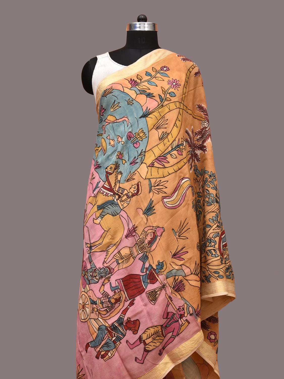Multicolor Kalamkari Hand Painted Sico Dupatta with Village and Mountain Design ds3249