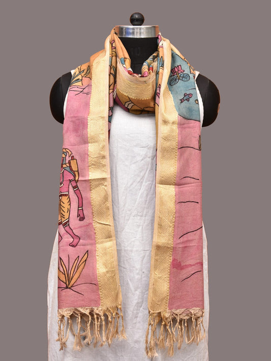 Multicolor Kalamkari Hand Painted Sico Dupatta with Village and Mountain Design ds3249