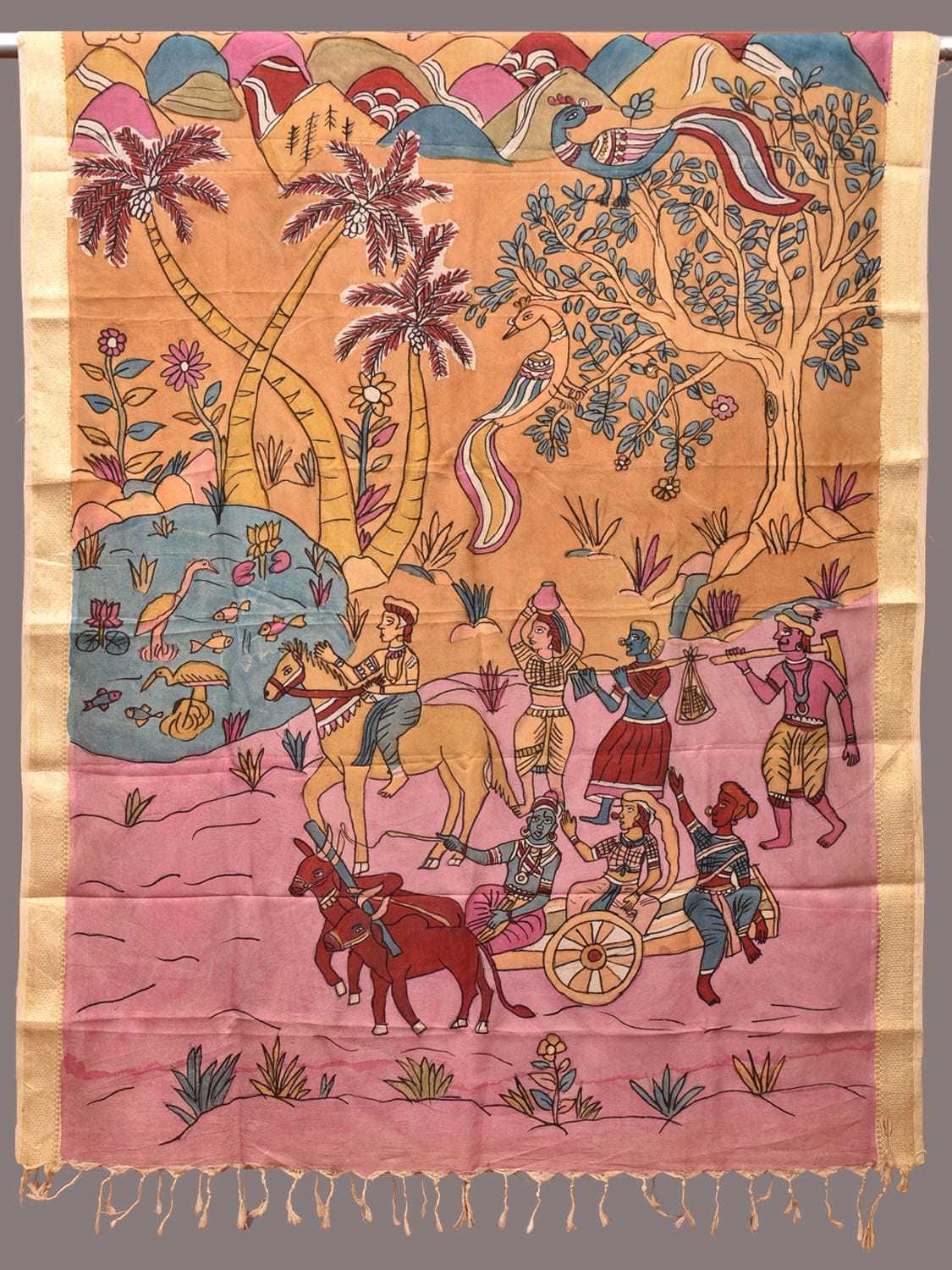 Multicolor Kalamkari Hand Painted Sico Dupatta with Village and Mountain Design ds3249