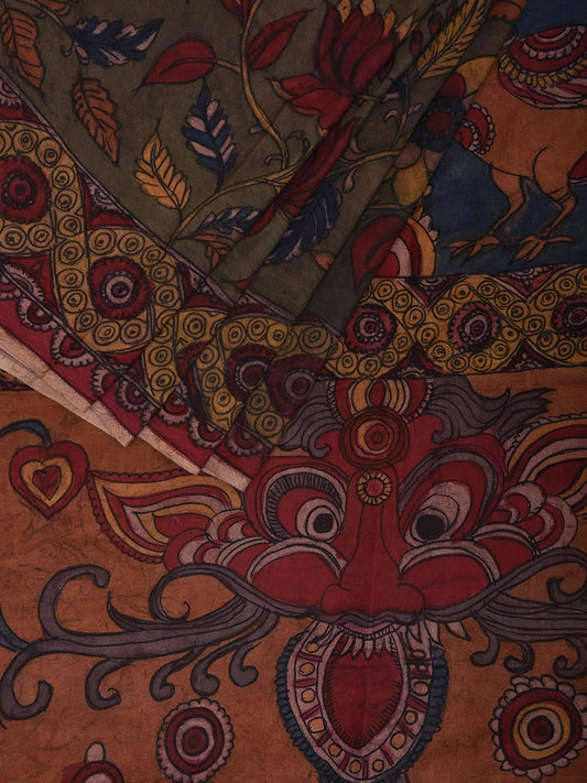 Multicolor Kalamkari Hand Painted Silk Handloom Saree with Floral and Peacocks Pallu Design kl0789