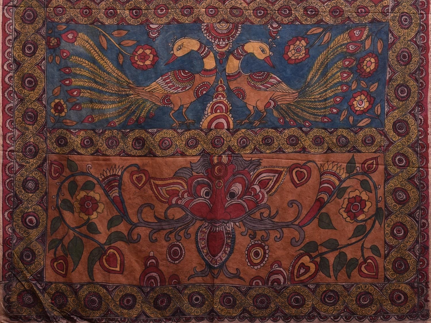 Multicolor Kalamkari Hand Painted Silk Handloom Saree with Floral and Peacocks Pallu Design kl0789