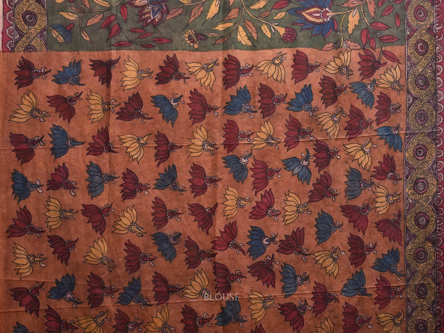 Multicolor Kalamkari Hand Painted Silk Handloom Saree with Floral and Peacocks Pallu Design kl0789