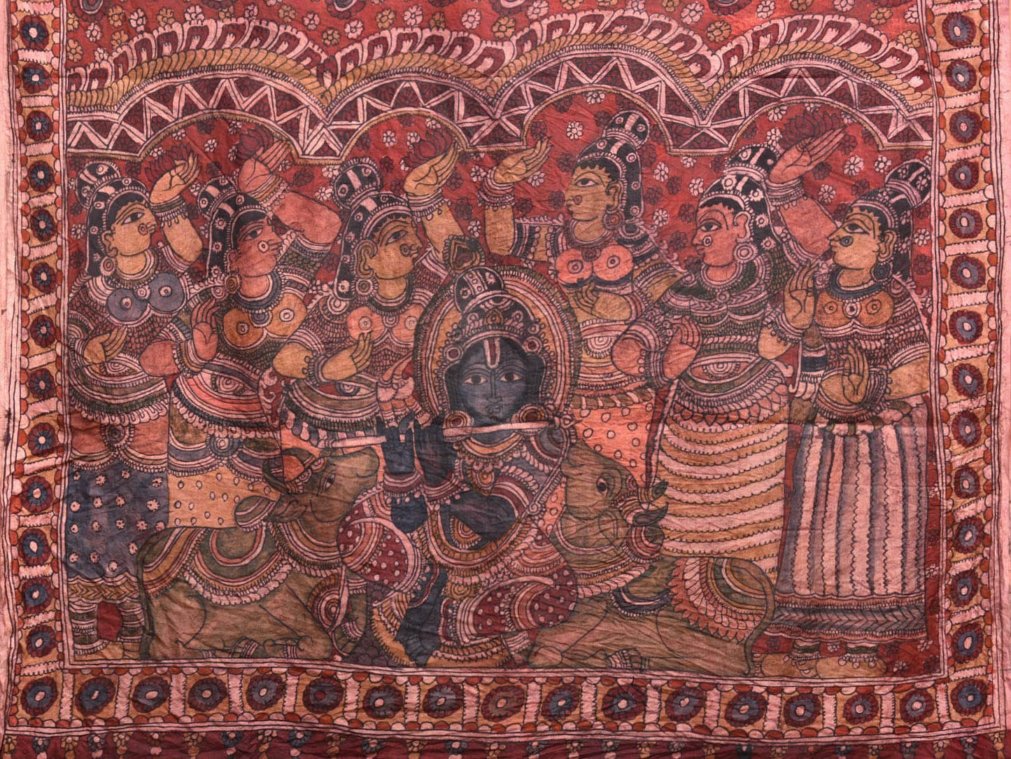 Multicolor Kalamkari Hand Painted Silk Handloom Saree with Krishna Design KL0777