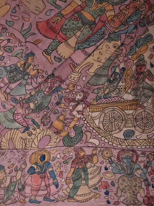 Multicolor Kalamkari Hand Painted Silk Handloom Saree with Krishna Leela Design KL0803