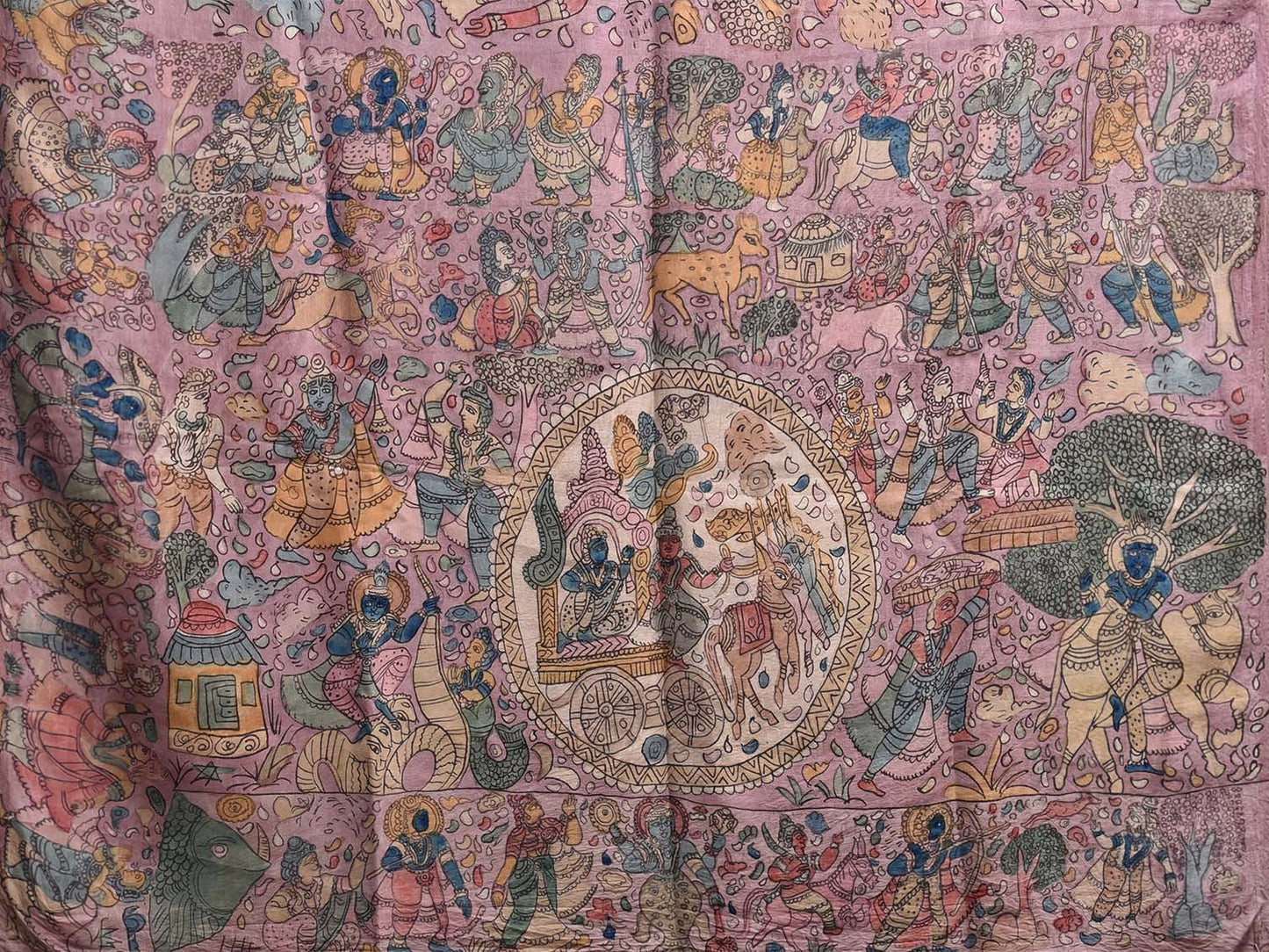Multicolor Kalamkari Hand Painted Silk Handloom Saree with Krishna Leela Design KL0803