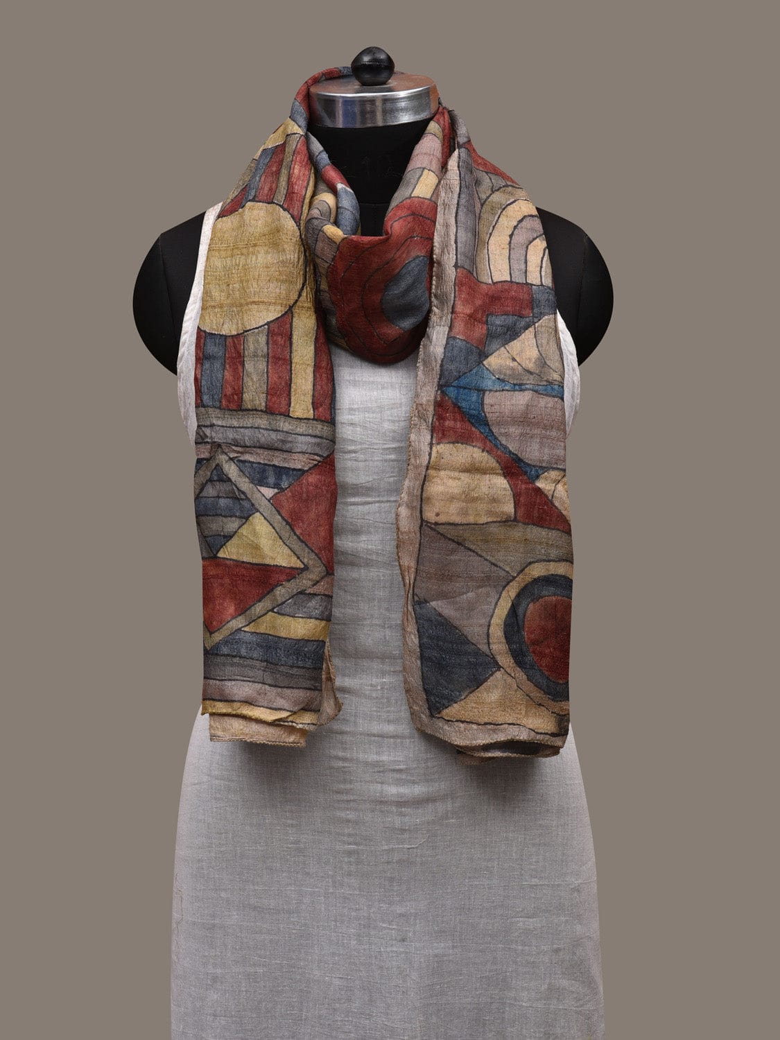 Multicolor Kalamkari Hand Painted Silk Handloom Stole with Geometric Design ds2825