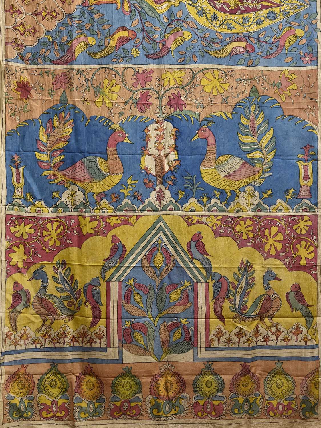 Multicolor Kalamkari Hand Painted Silk Saree with Tree of Life and Birds Pallu Design KL0807