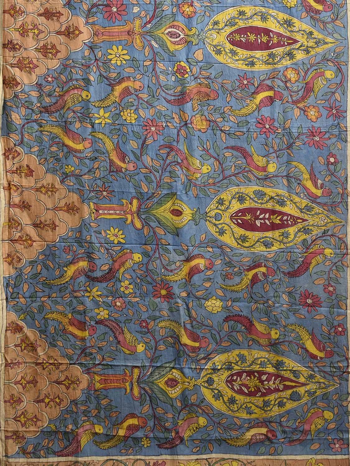 Multicolor Kalamkari Hand Painted Silk Saree with Tree of Life and Birds Pallu Design KL0807