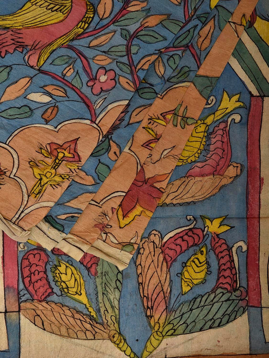 Multicolor Kalamkari Hand Painted Silk Saree with Tree of Life and Birds Pallu Design KL0807