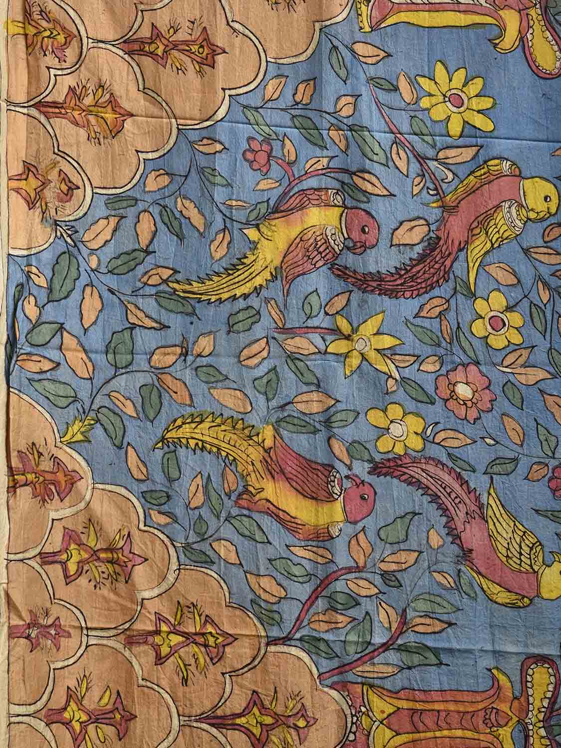 Multicolor Kalamkari Hand Painted Silk Saree with Tree of Life and Birds Pallu Design KL0807