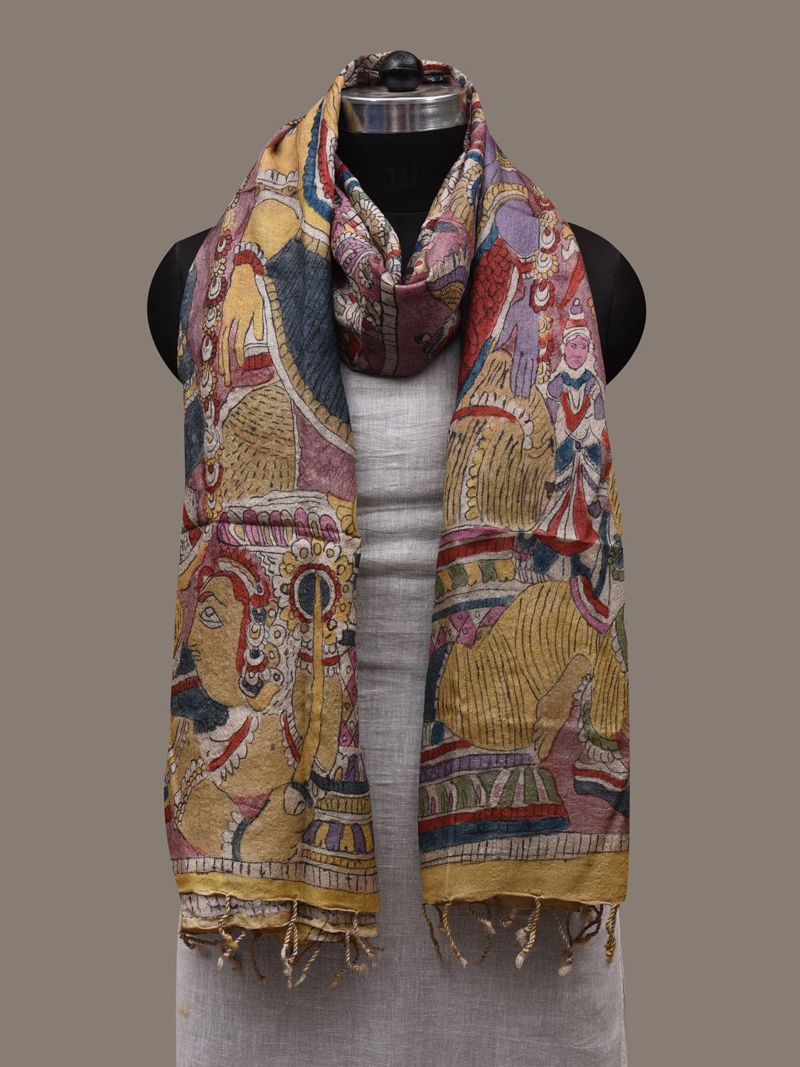 Multicolor Kalamkari Hand Painted Tussar Handloom Dupatta with Krishna Design ds2909