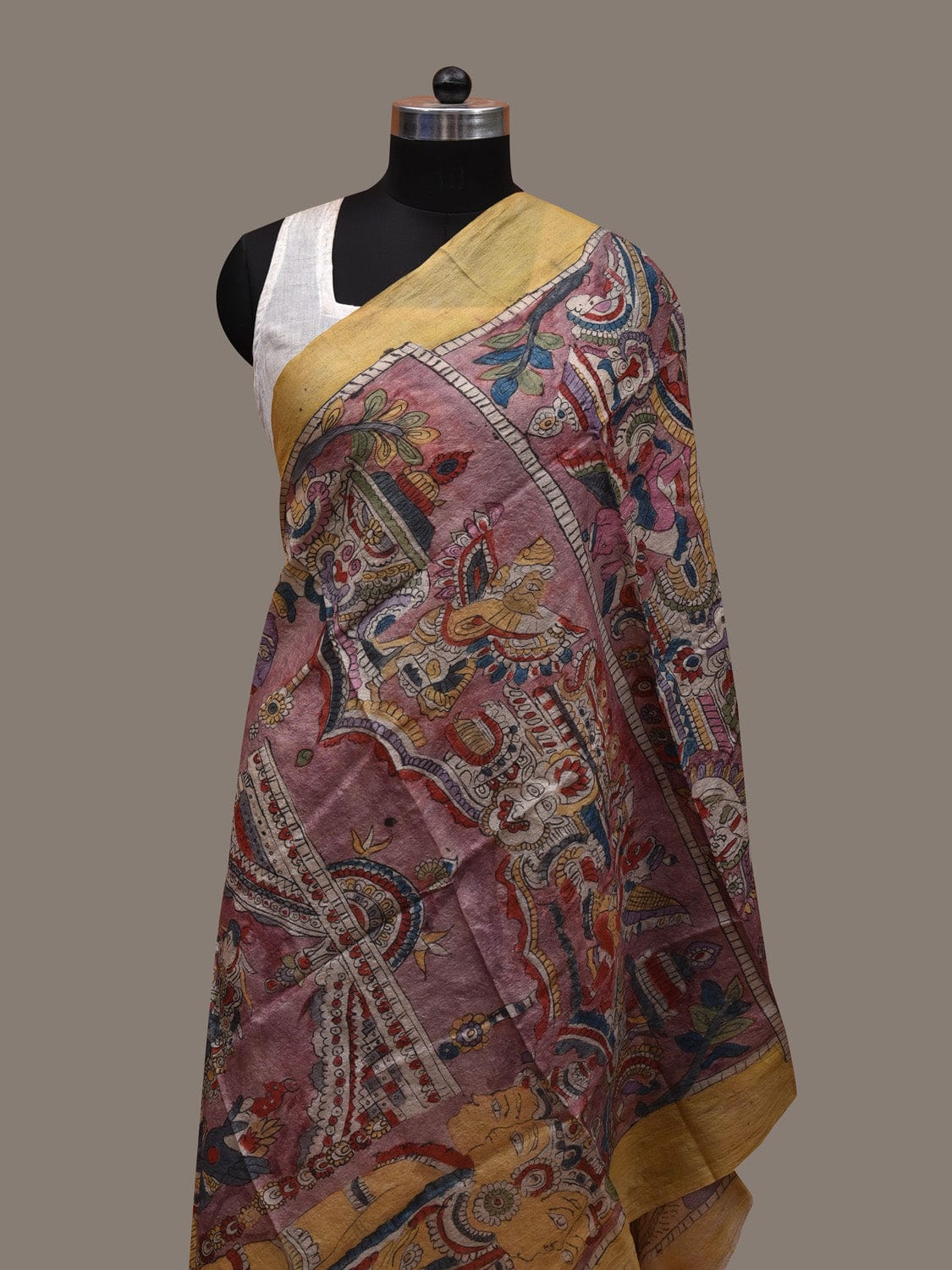 Multicolor Kalamkari Hand Painted Tussar Handloom Dupatta with Krishna Design ds2909