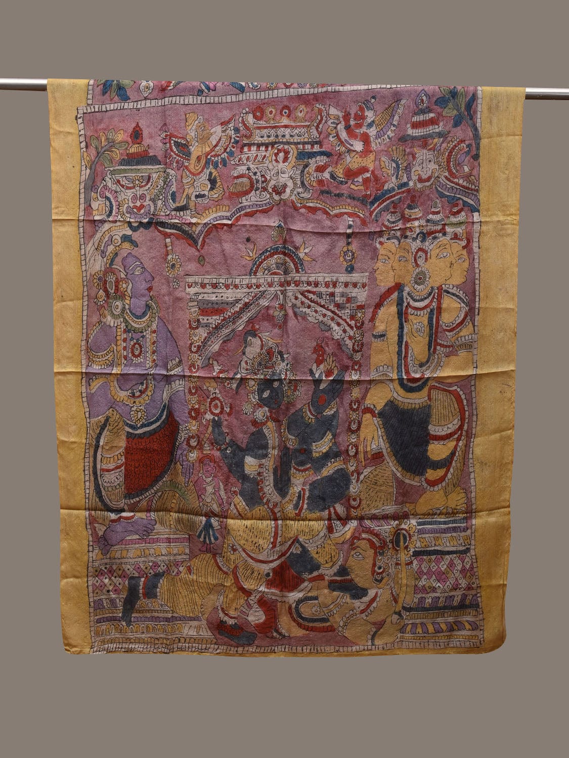 Multicolor Kalamkari Hand Painted Tussar Handloom Dupatta with Krishna Design ds2909