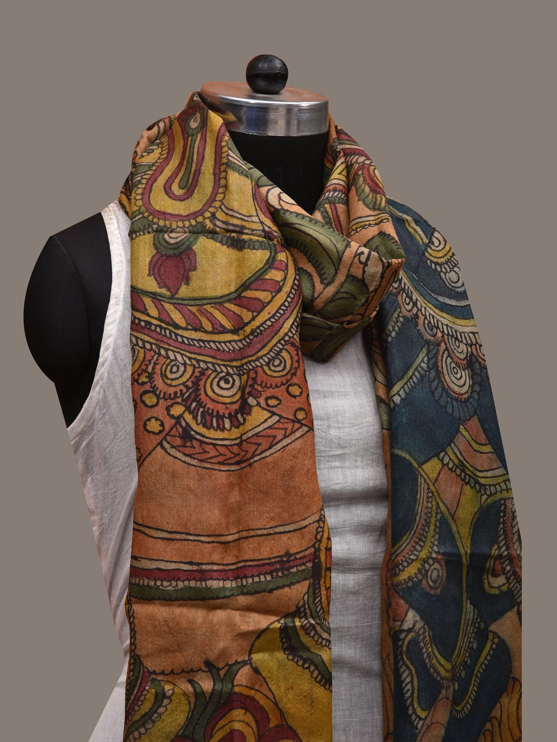 Multicolor Kalamkari Hand Painted Tussar Handloom Dupatta with Krishna Design ds2911