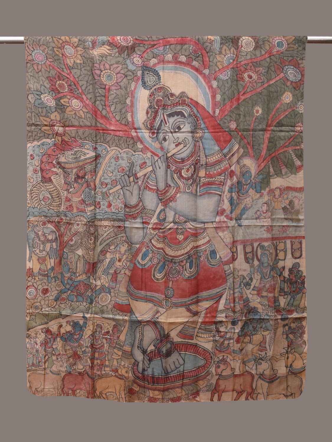 Multicolor Kalamkari Hand Painted Tussar Handloom Dupatta with Krishna Design ds3420