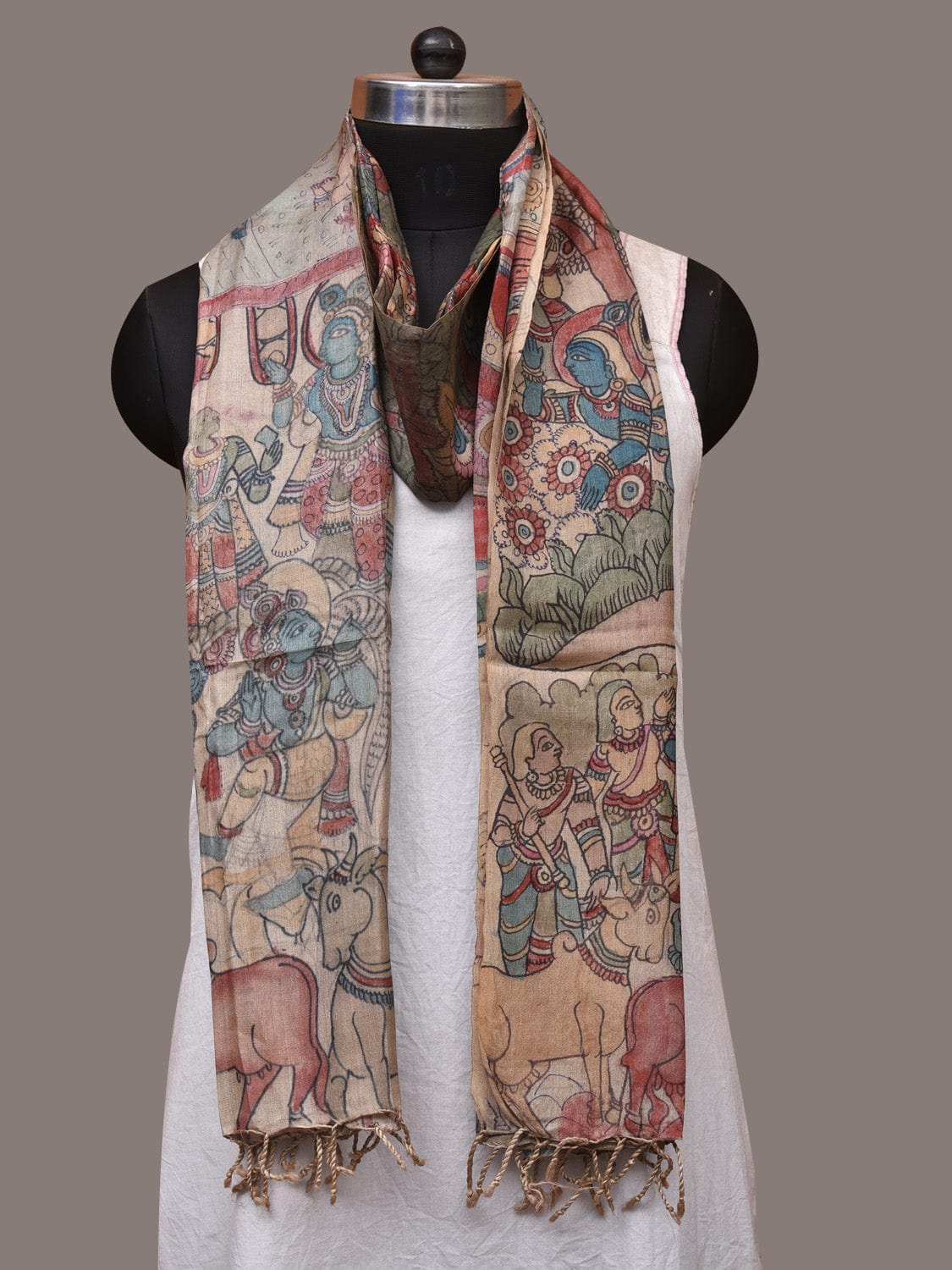 Multicolor Kalamkari Hand Painted Tussar Handloom Dupatta with Krishna Design ds3420