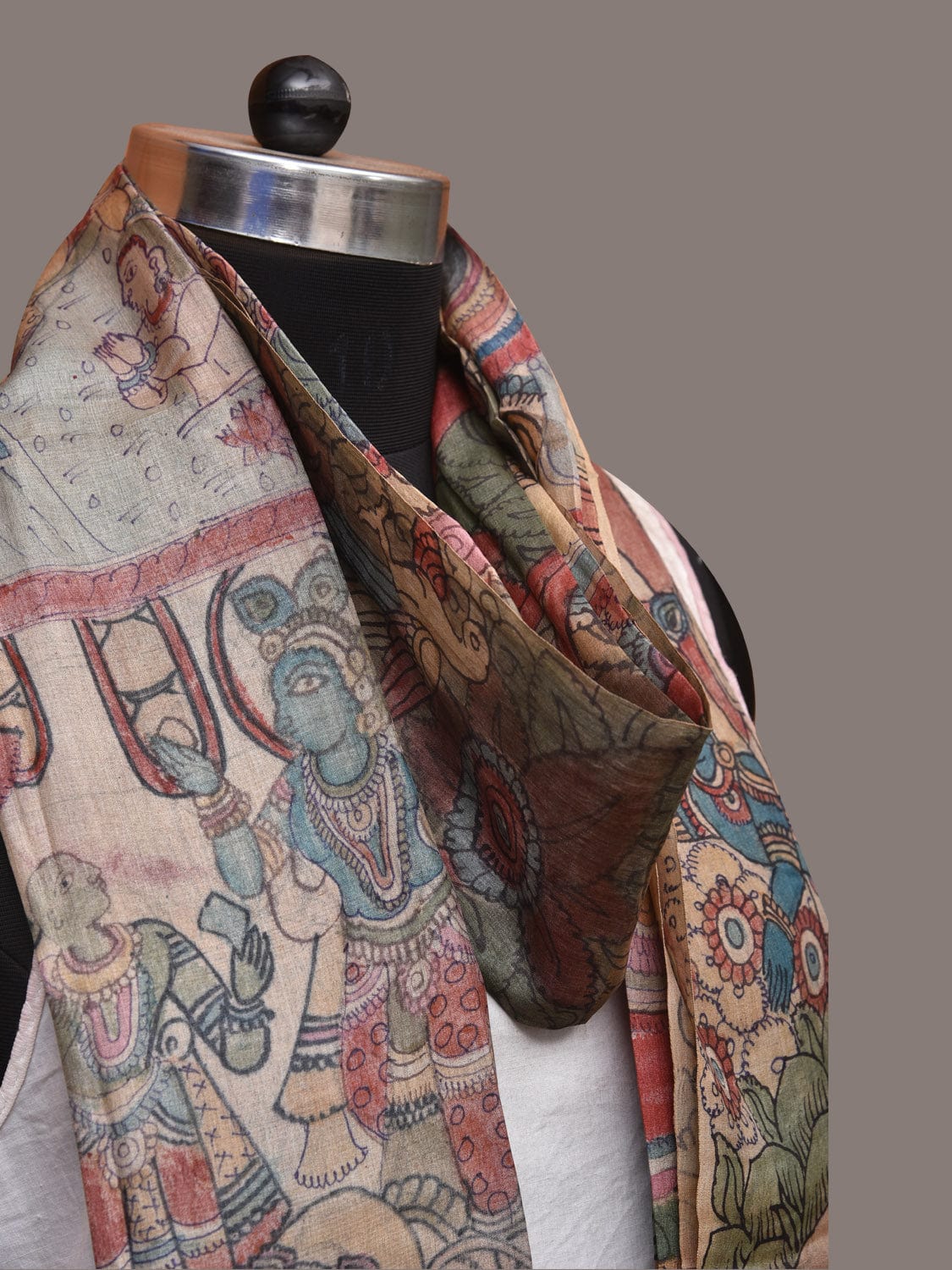 Multicolor Kalamkari Hand Painted Tussar Handloom Dupatta with Krishna Design ds3420