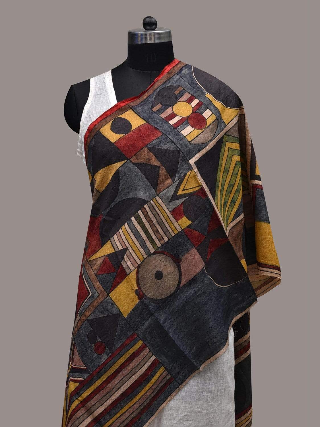 Multicolor Kalamkari Hand Painted Tussar Handloom Stole with Geometrical Design ds2434