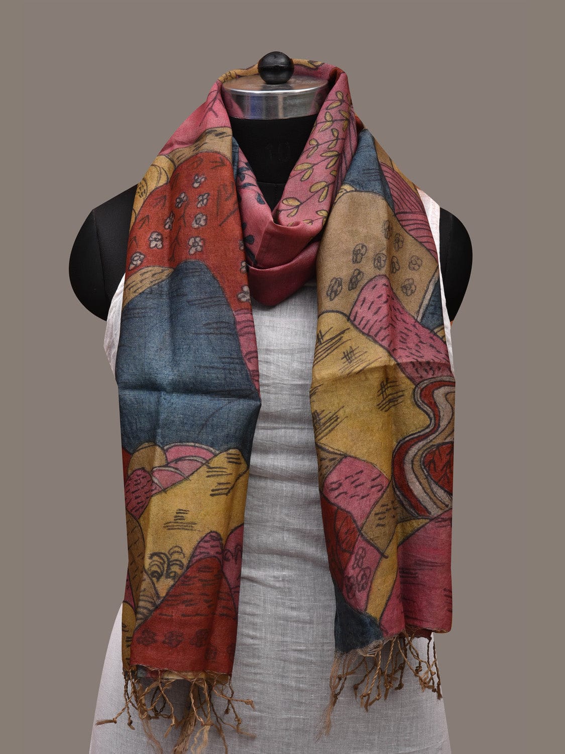 Multicolor Kalamkari Hand Painted Tussar Handloom Stole with Mountains Design ds2679