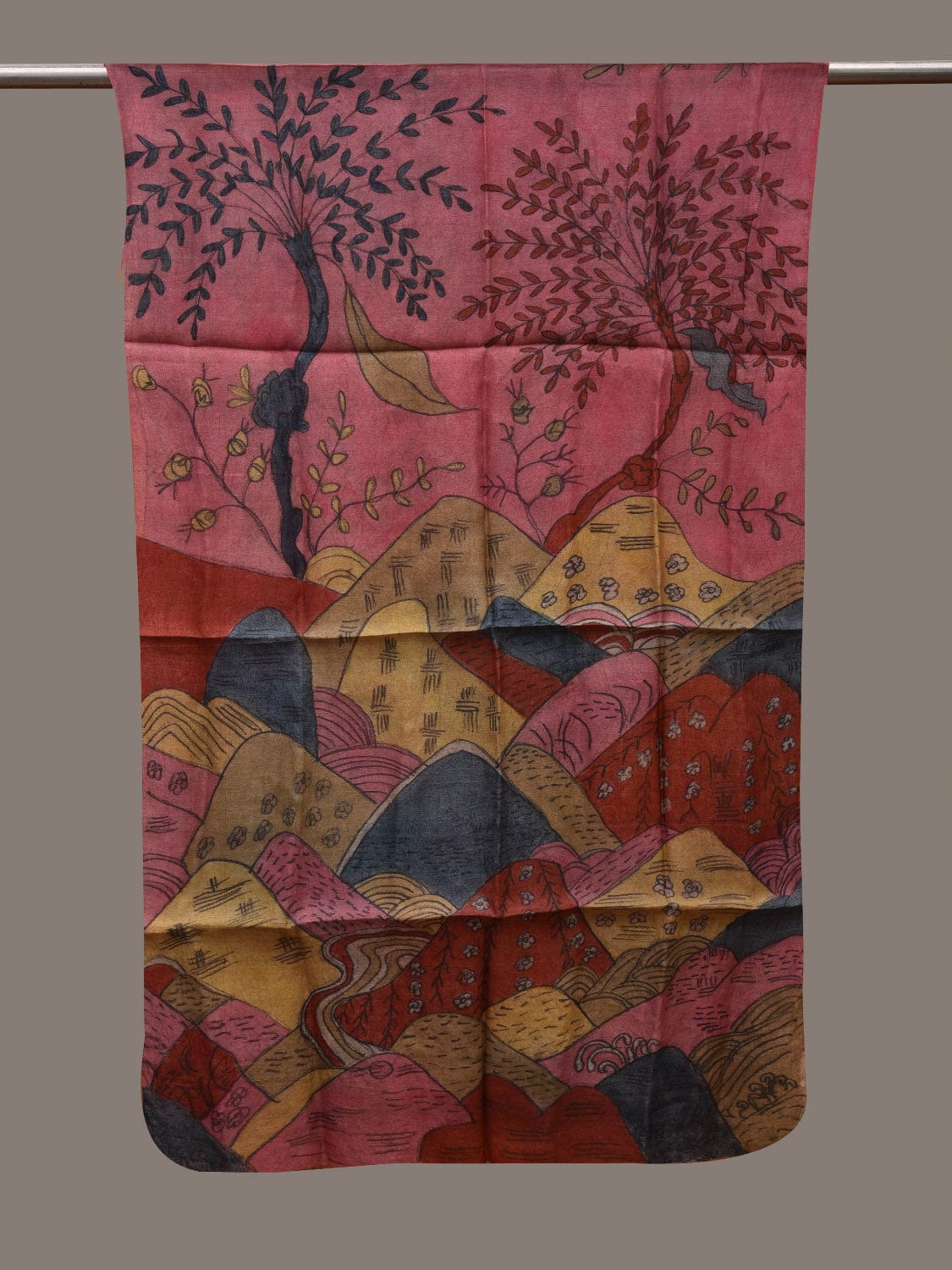 Multicolor Kalamkari Hand Painted Tussar Handloom Stole with Mountains Design ds2679
