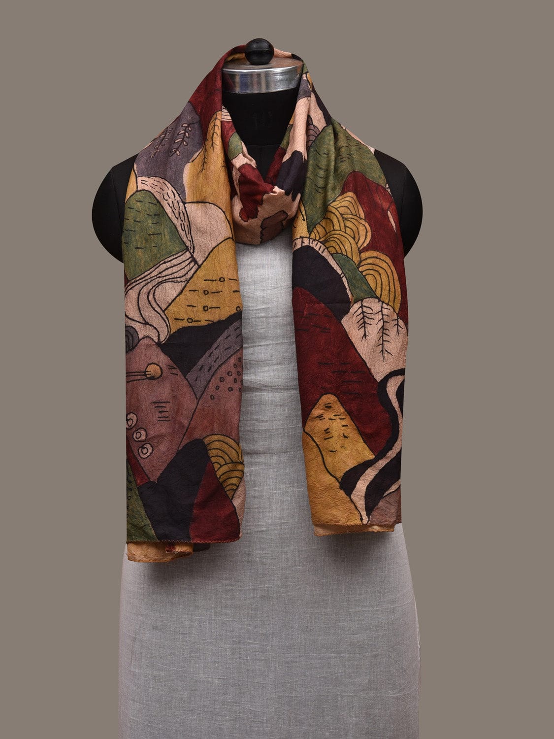 Multicolor Kalamkari Hand Painted Tussar Stole with Mountains Design ds2929