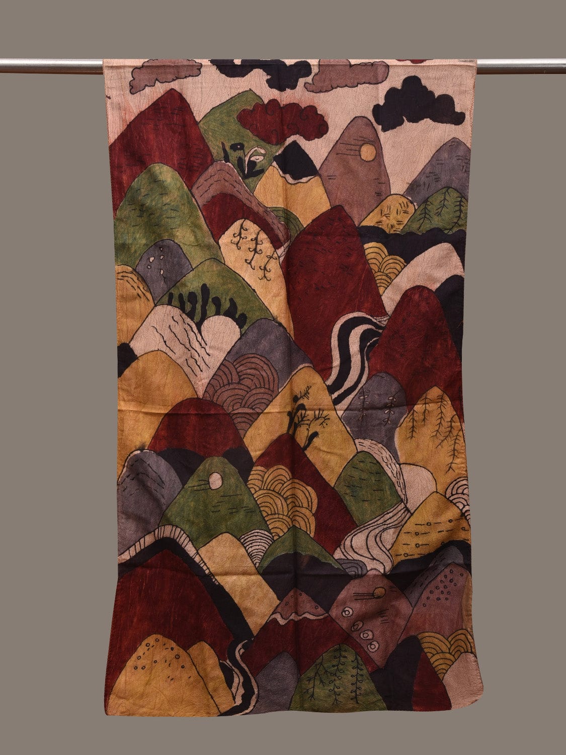 Multicolor Kalamkari Hand Painted Tussar Stole with Mountains Design ds2929
