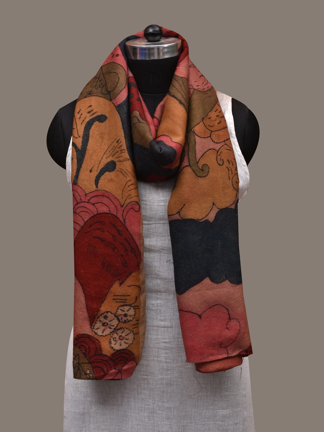 Multicolor Kalamkari Hand Painted Woolen Handloom Stole with Mountains Design ds2760