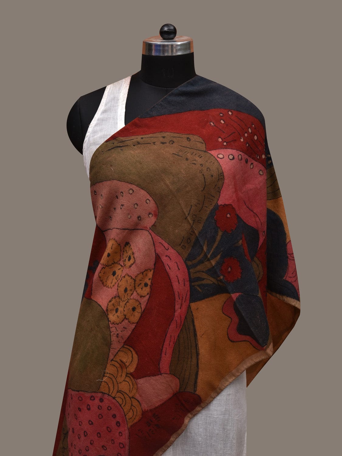 Multicolor Kalamkari Hand Painted Woolen Handloom Stole with Mountains Design ds2760