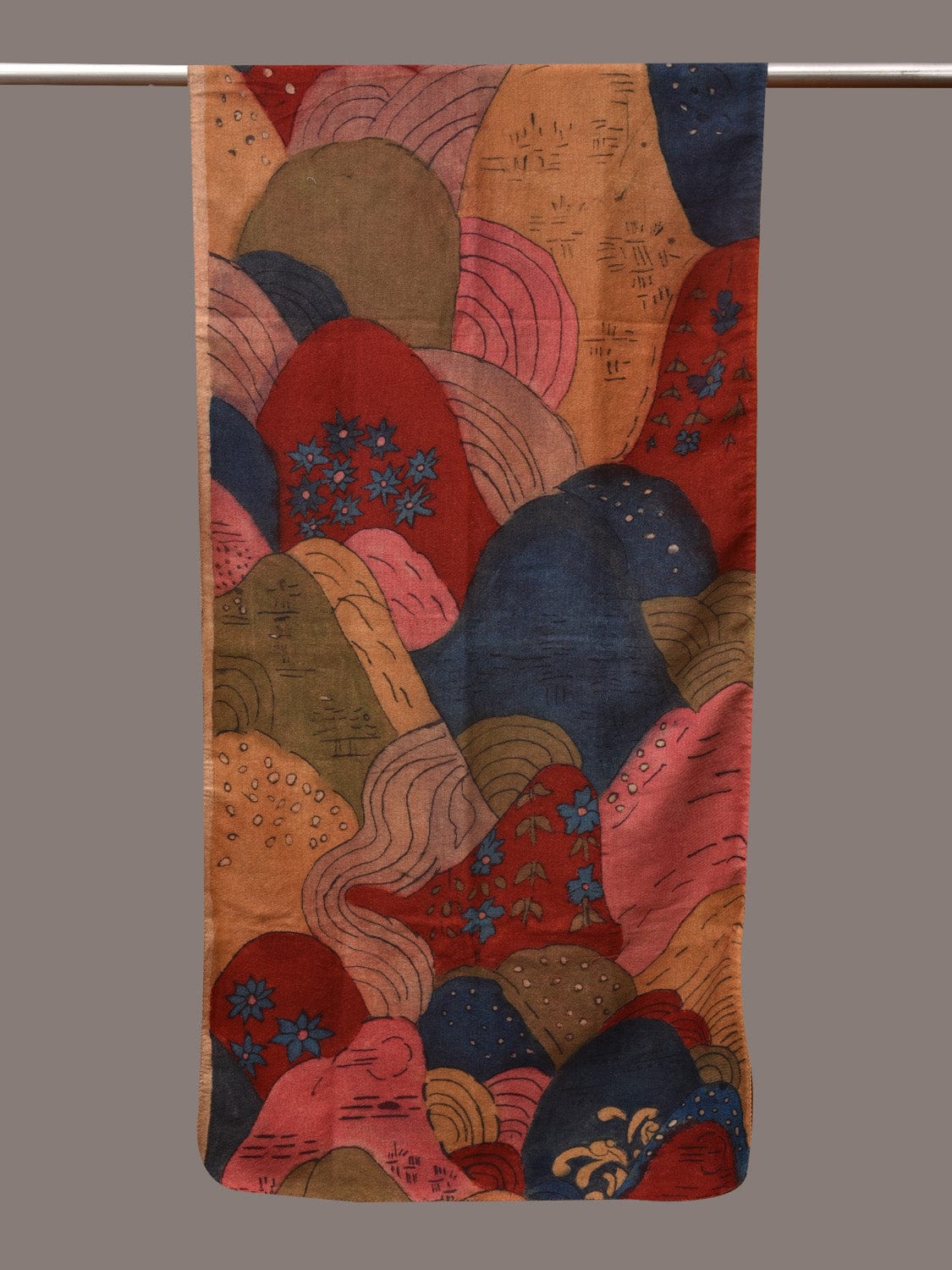 Multicolor Kalamkari Hand Painted Woolen Handloom Stole with Mountains Design ds3545