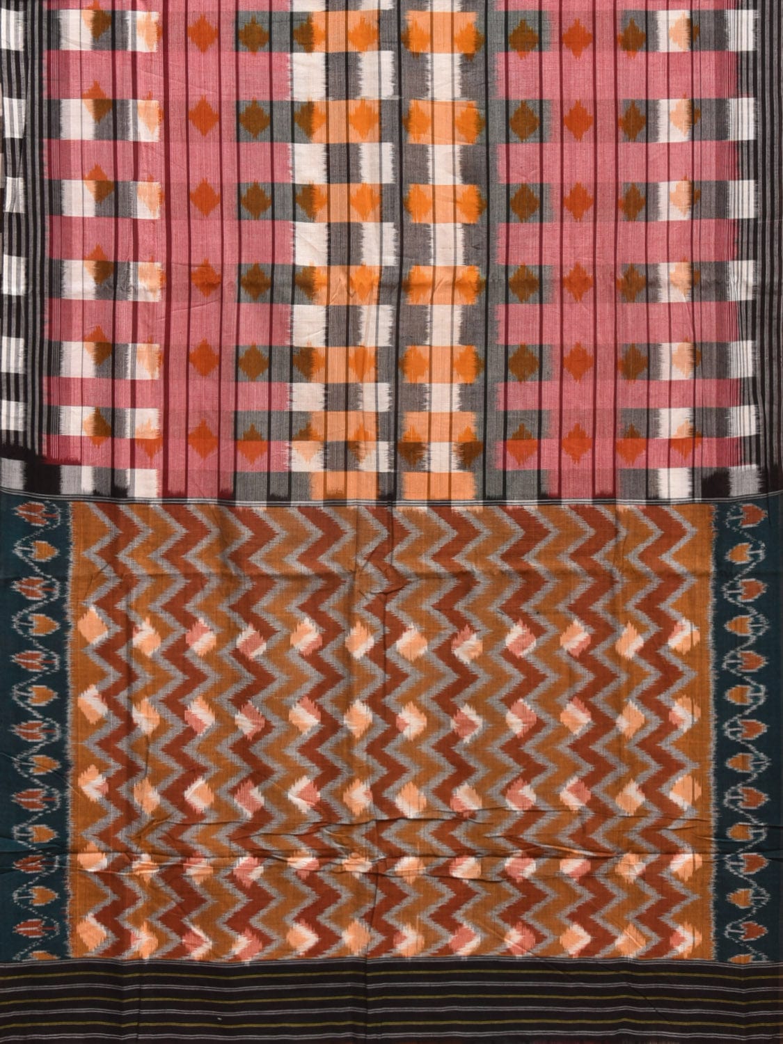 Multicolor Pochampally Ikat Cotton Handloom Saree with Strips and Zig-Zag Pallu Design i0849