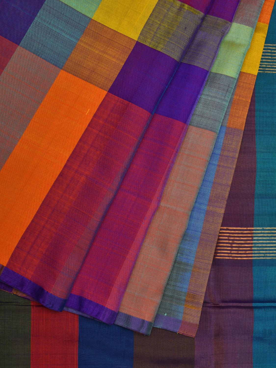 Multicolor Uppada Silk Handloom Saree with Checks and Strips Design u1874