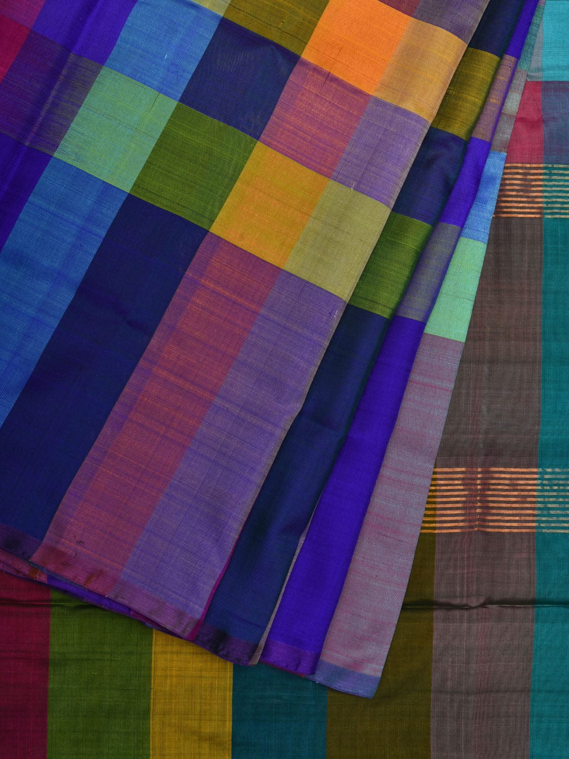 Multicolor Uppada Silk Handloom Saree with Checks and Strips Design u1876