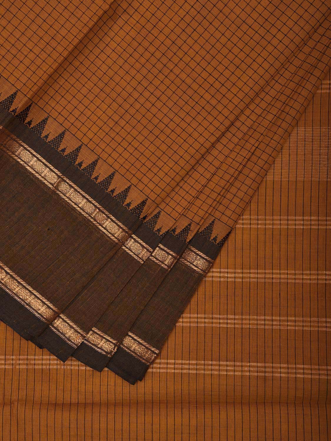 Mustard and Black Kanchipuram Cotton Saree with Checks and Strips Pallu Design k0750