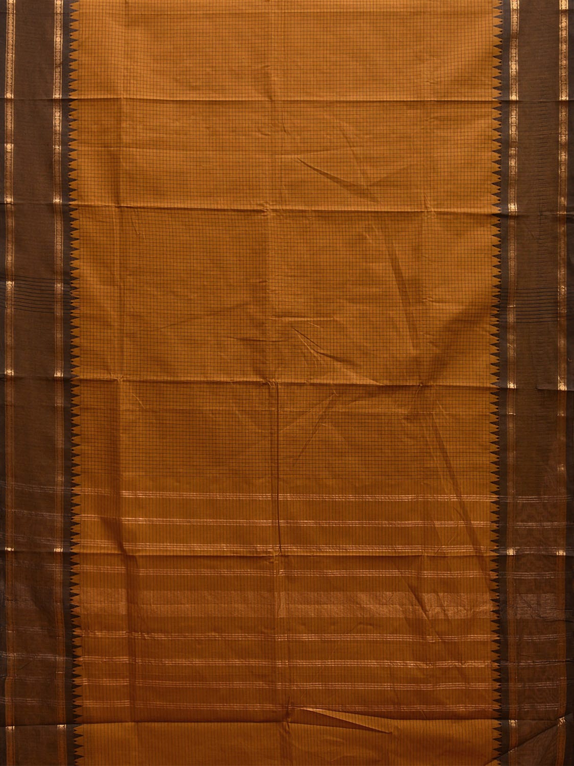 Mustard and Black Kanchipuram Cotton Saree with Checks and Strips Pallu Design k0750